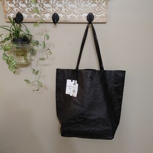 NWT Marlon Black Shiny Leather Tote Bag Purse Tie Made In Italy Interior Pouch